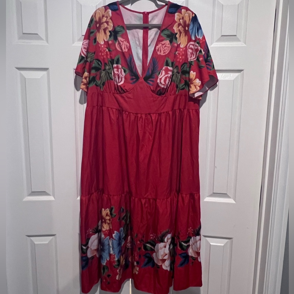 SHEIN Curve Red Tiered Maxi Sundress with Flutter Sleeves 4XL
